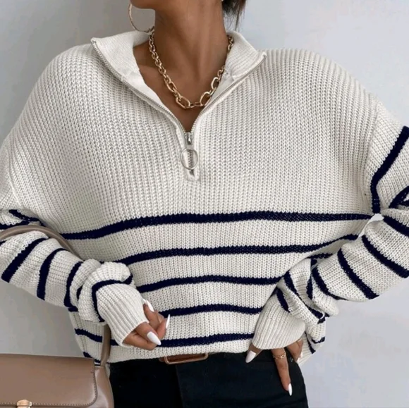NEW Chic Zip Striped Oversized Knit Pullover Sweater Top White Black - Picture 3 of 8
